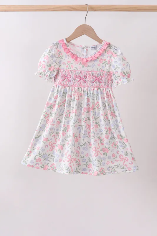 Pink floral bow smocked ruffle dress made by Zulily
