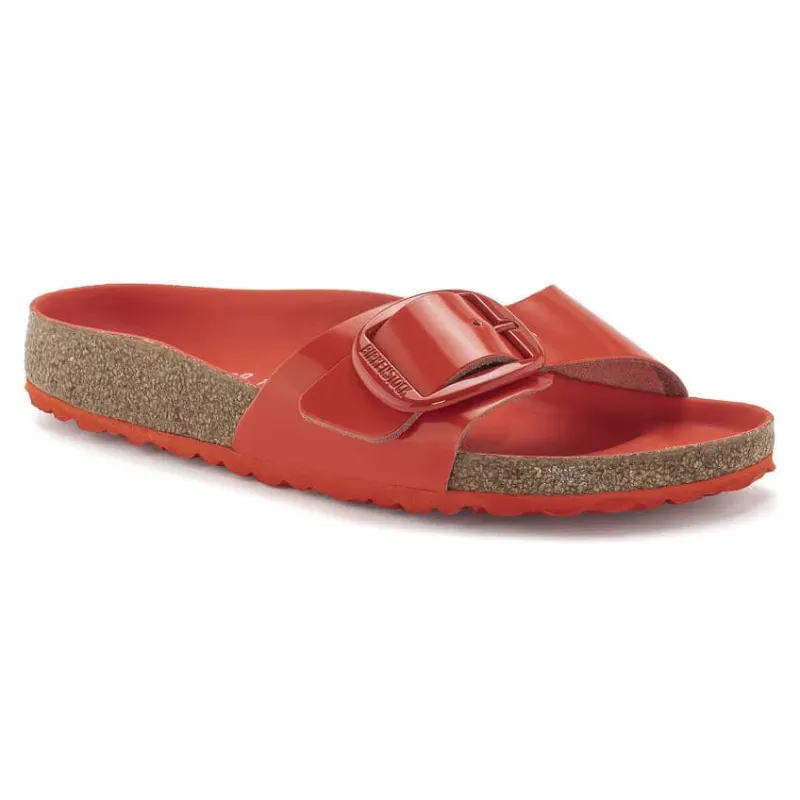 Birkenstock Madrid Big Buckle Natural Leather Patent High Shine Tomato made by Birkenstock