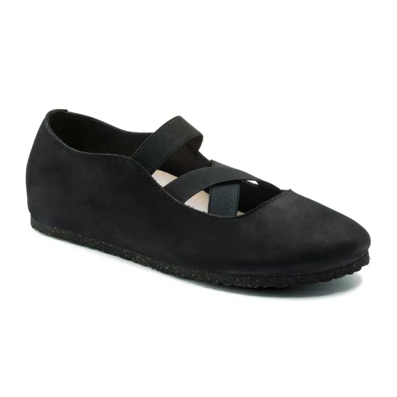 Birkenstock Women's Santa Ana Nubuck Leather Black Ballet Flat made by Birkenstock