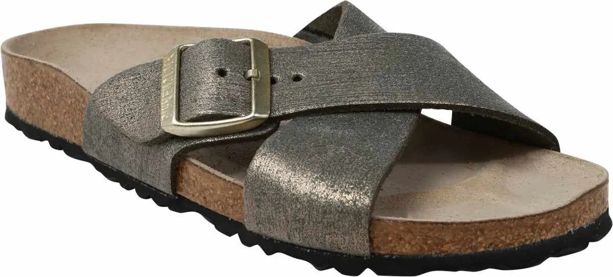 Birkenstock Women's Siena Big Buckle Suede Leather Washed Metallic Stone Gold Sandals sold by Zulily
