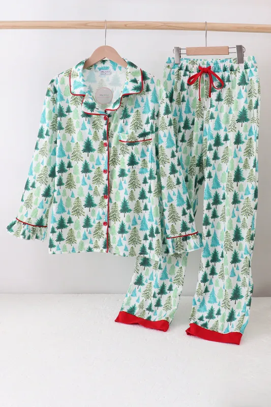Green christmas tree print mom pajamas pants set made by Zulily