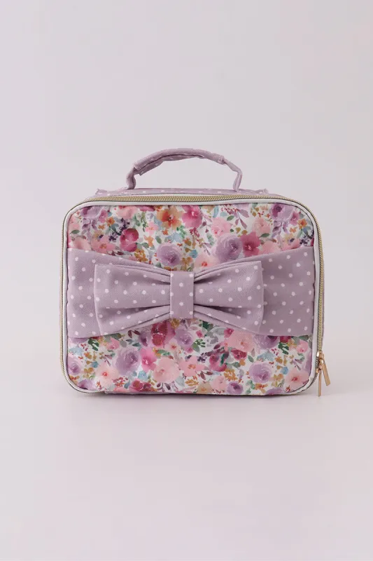Purple floral print canvas bow lunch bag made by Zulily