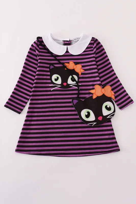 Purple halloween cat stripe dress 2pc set made by Zulily