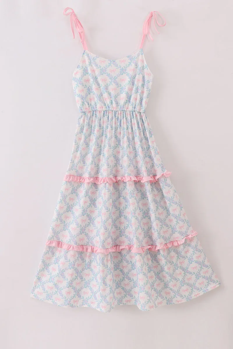 Pink bow print ruffle mom dress sold by Zulily