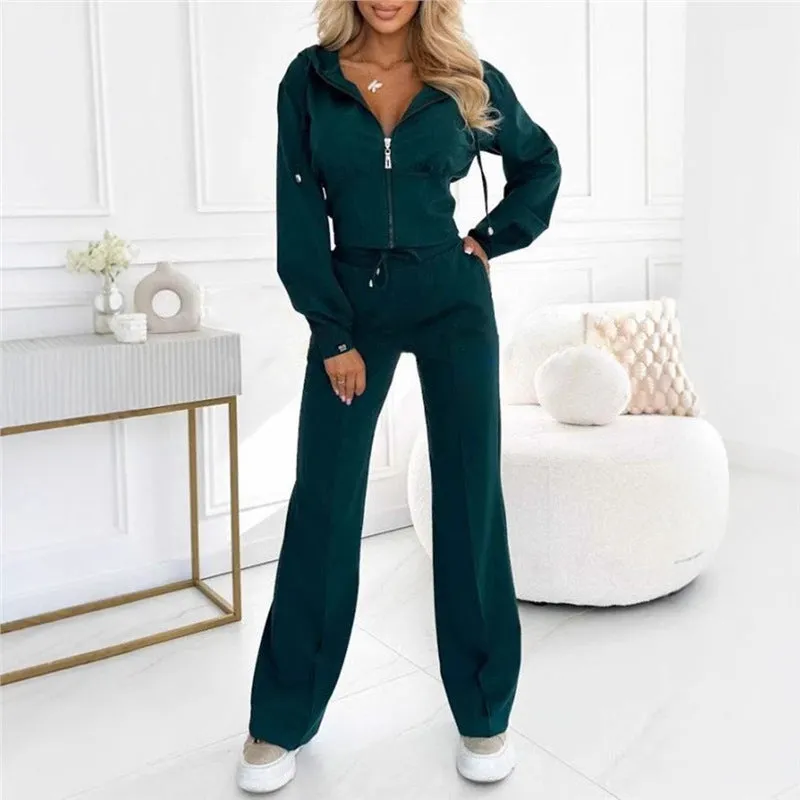 Hooded Zipper Fitted Top & Wide-Leg Pants Two-Piece Set sold by Zulily product image thumbnail 3