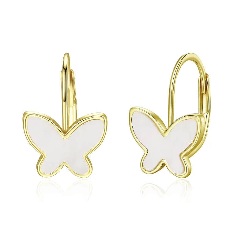 14k Yellow Gold Plated with Mother of Pearl Butterfly Inlay Dangle Drop Leverback Earrings made by Zulily