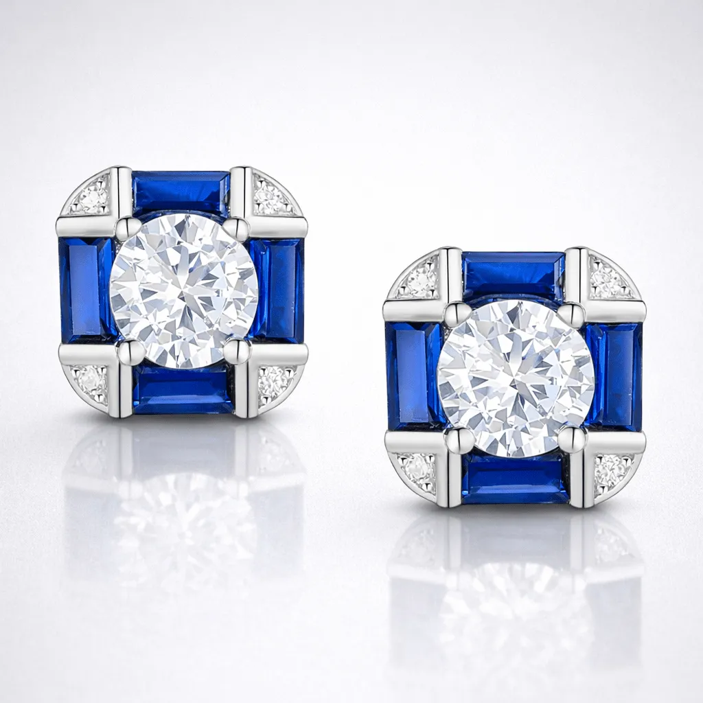Serling Silver White Gold Plated with Sapphire Blue Cubic Zirconia & Vintage Cushion Geometric Stud Earrings sold by Zulily
