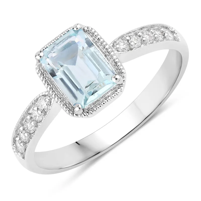 Fine Color Jewels 0.94 Ct Genuine Aquamarine and Lab Grown Diamond Silver Octagon Bridge Ring made by Zulily