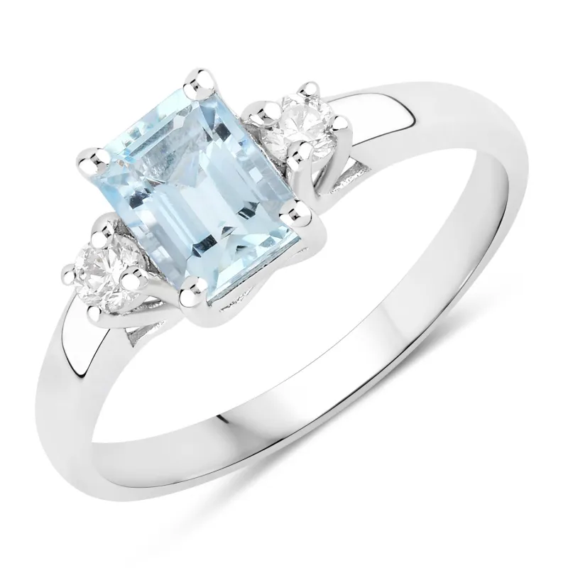 Fine Color Jewels 0.92 Ct Genuine Aquamarine and Lab Grown Diamond Silver Octagon 3 Stone Ring made by Zulily