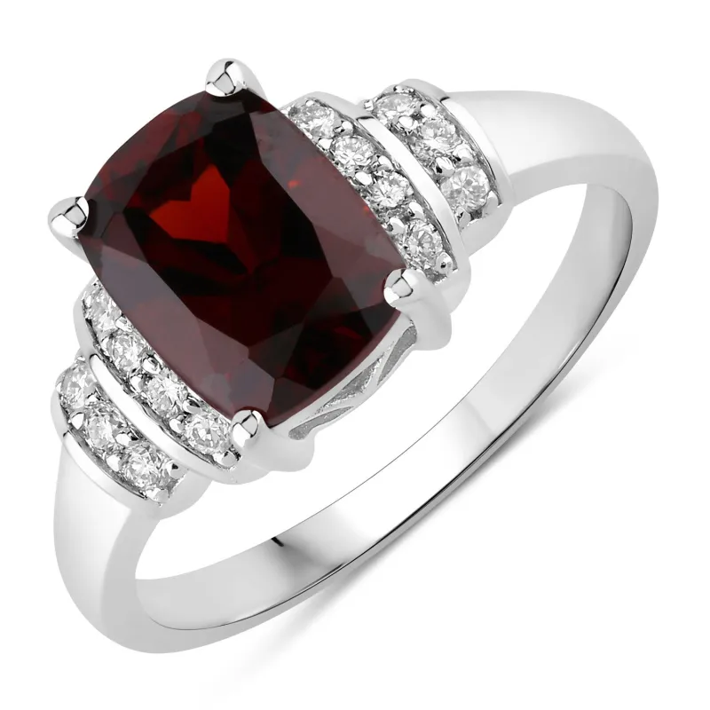 Fine Color Jewels 2.58 Ct Genuine Mozambique Garnet and Lab Grown Diamond Silver Cushion Cut Bridge Ring made by Zulily