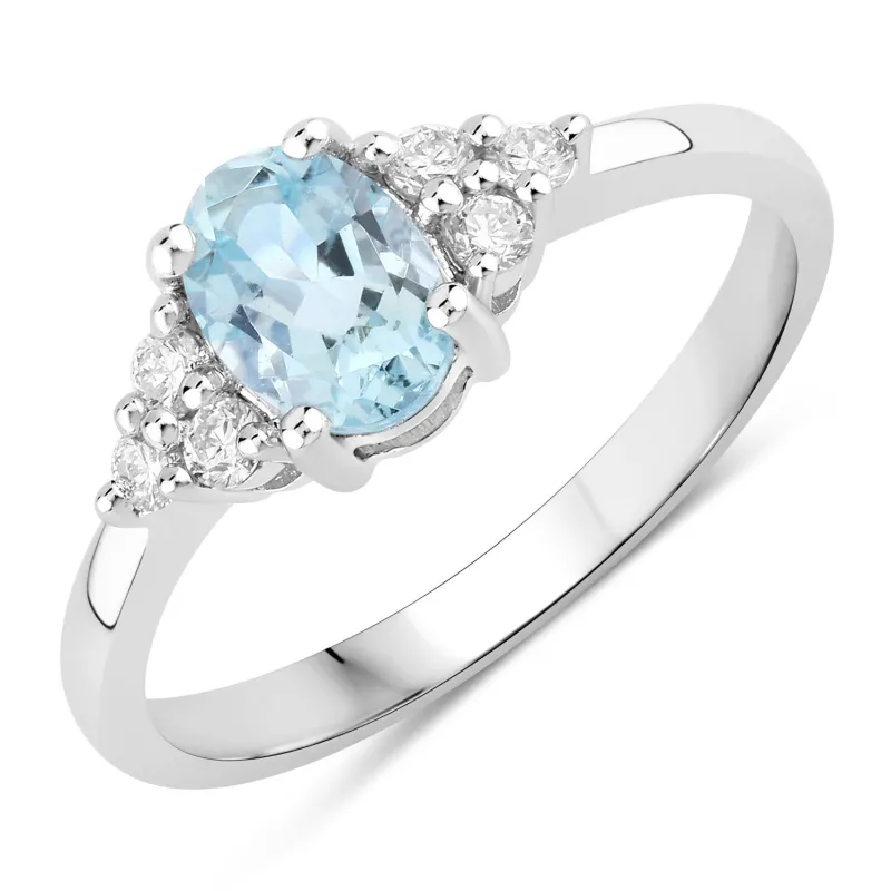 Fine Color Jewels 0.75 Ct Genuine Aquamarine and Lab Grown Diamond Silver Oval Cocktail Ring made by Zulily