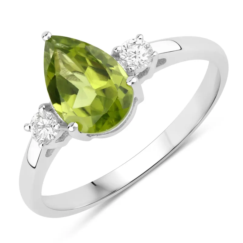 Fine Color Jewels 1.22 Ct Genuine Pear Shaped Peridot and Lab Grown Diamond Silver 3 Stone Ring made by Zulily