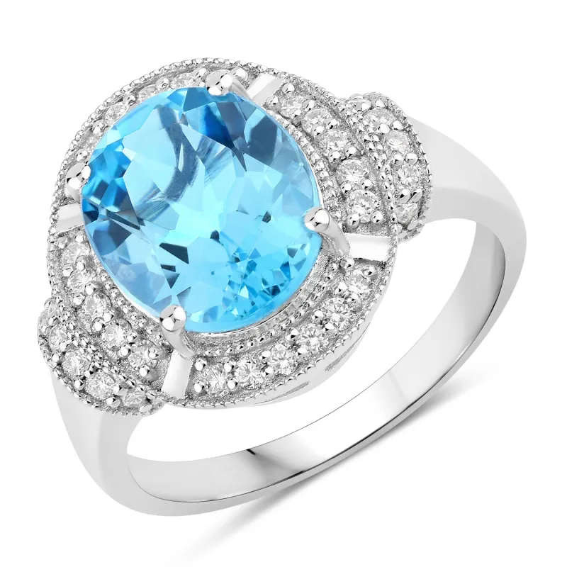 Fine Color Jewels 4.34 Ct Genuine Swiss Blue Topaz and Lab Grown Diamond Silver Statement Ring made by Zulily