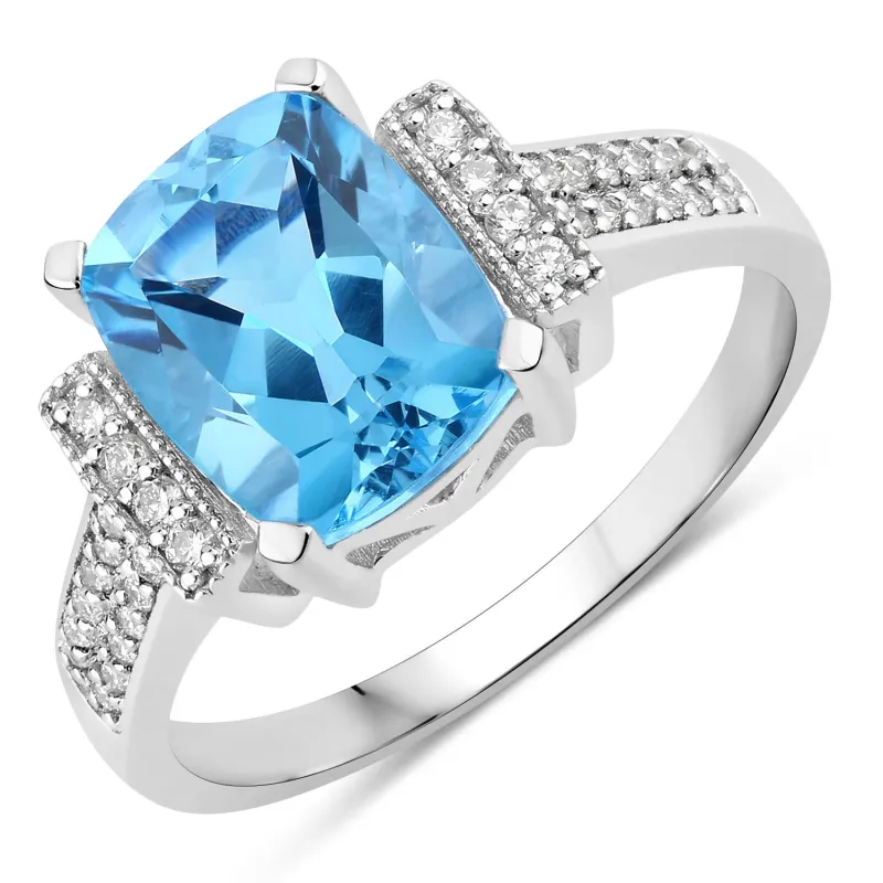 Fine Color Jewels 3.68 Ct Genuine Swiss Blue Topaz and Lab Grown Diamond Silver Cushion Cut Statement Ring made by Zulily