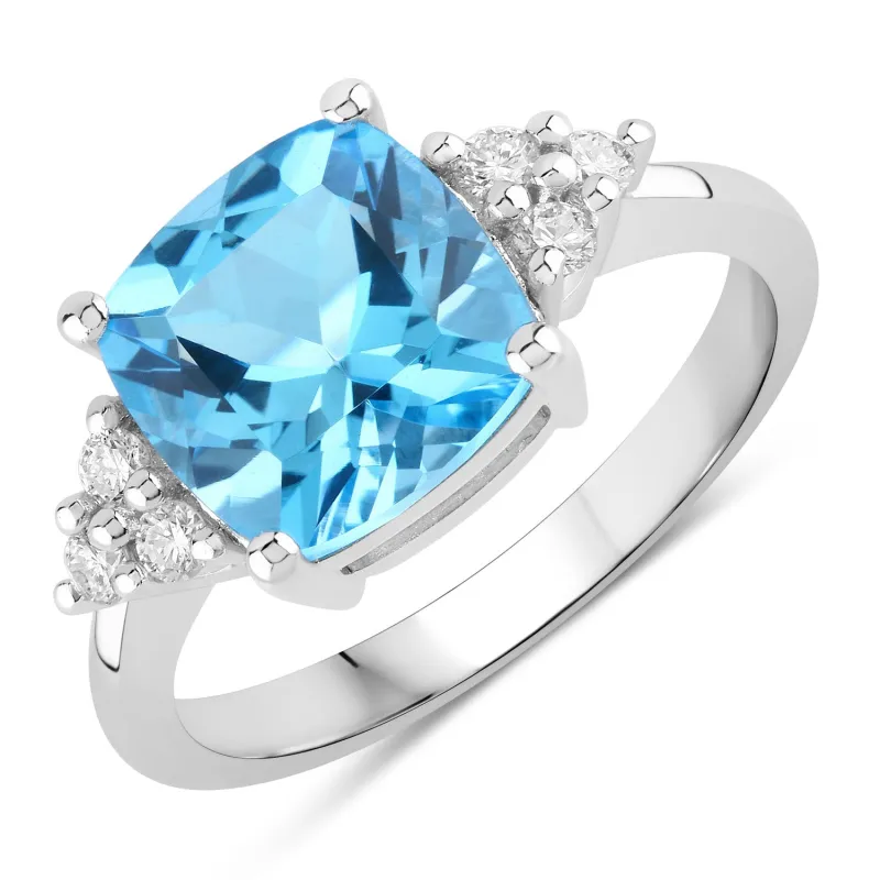 Fine Color Jewels 3.61 Ct Genuine Swiss Blue Topaz and Lab Grown Diamond Silver Cushion Cocktail Ring made by Zulily
