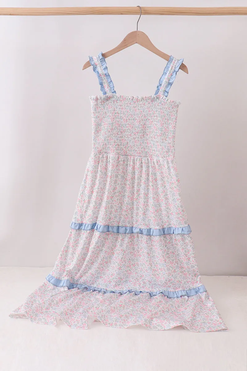 Blue Floral Smocked Mom Tiered Dress sold by Zulily