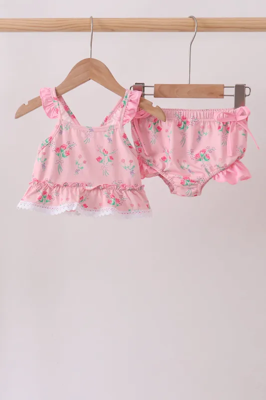 Pink Floral Ruffle 2pc Swimsuit made by Zulily