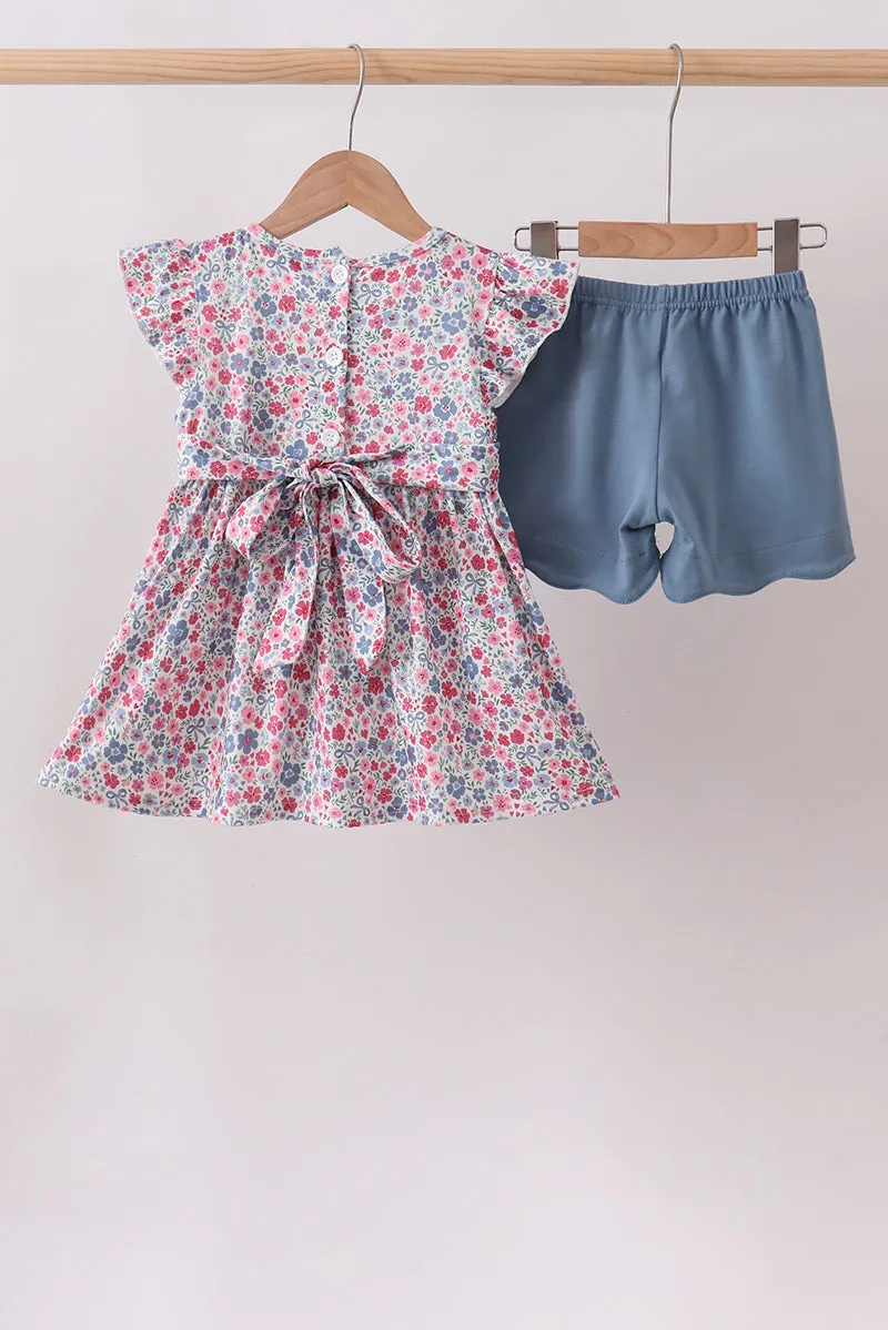 Blue Floral Smocked Scalloped Shorts Set sold by Zulily product image thumbnail 5