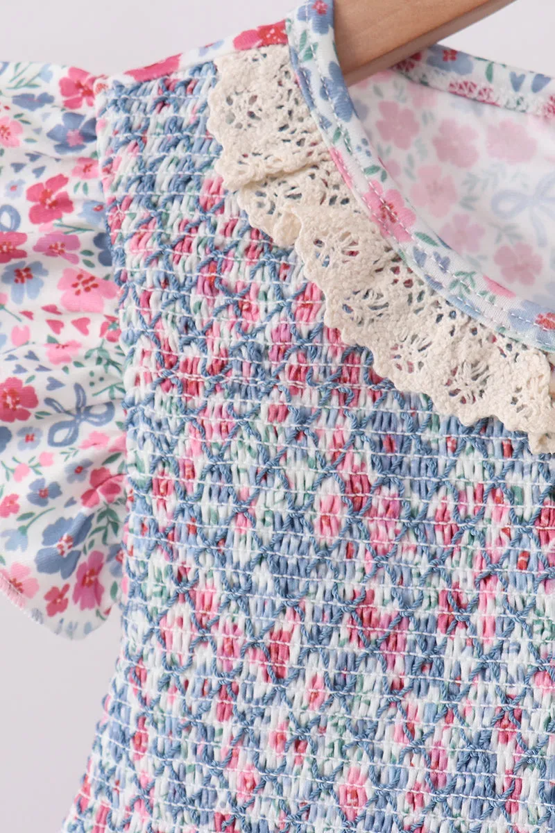 Blue Floral Smocked Scalloped Shorts Set sold by Zulily product image thumbnail 2