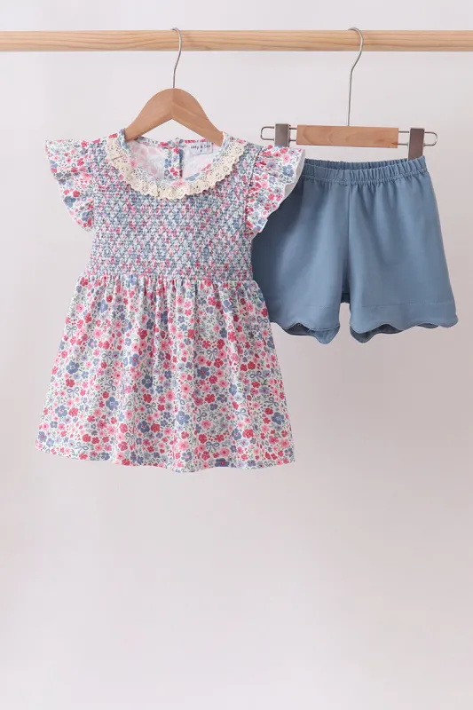 Blue Floral Smocked Scalloped Shorts Set made by Zulily