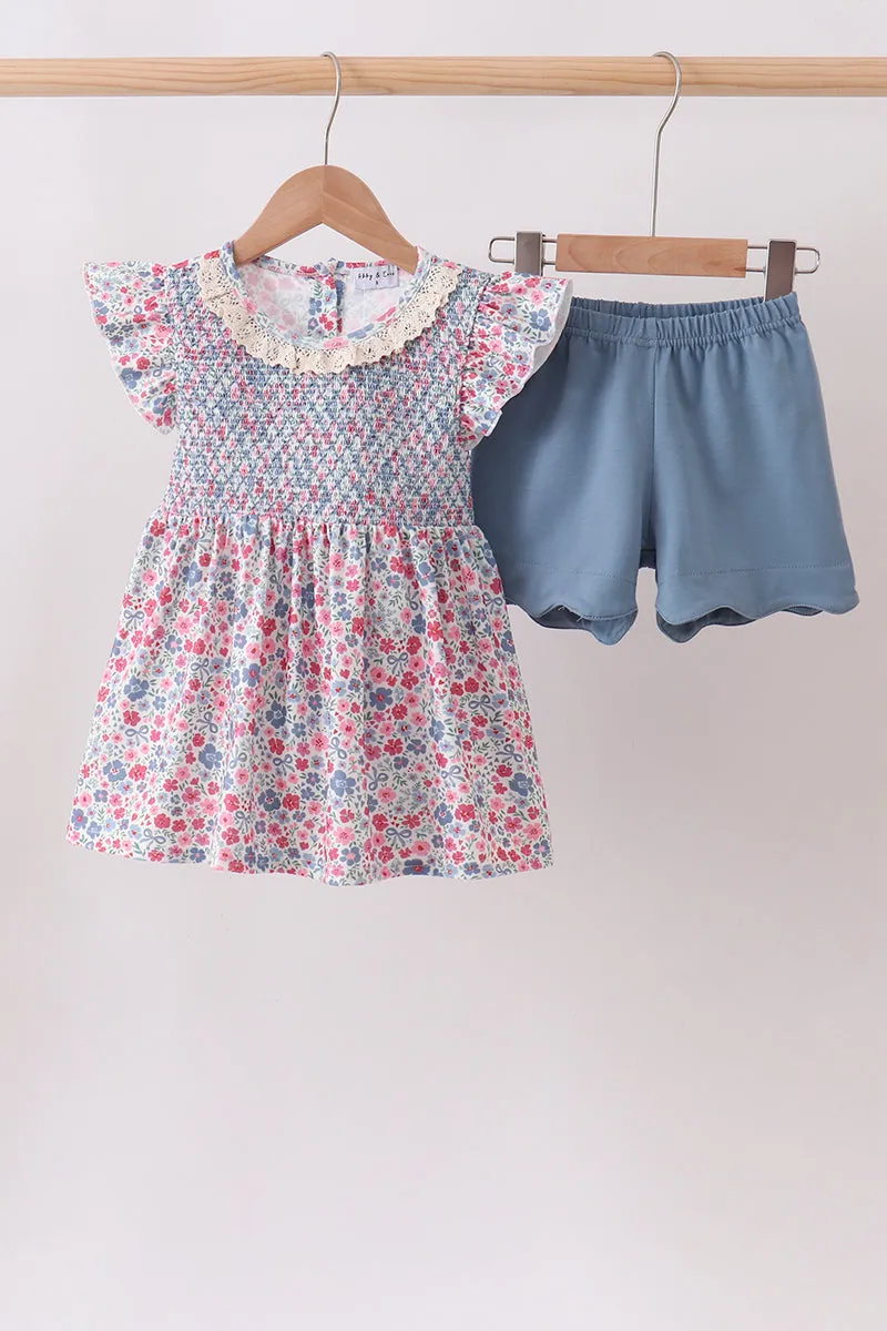 Blue Floral Smocked Scalloped Shorts Set sold by Zulily