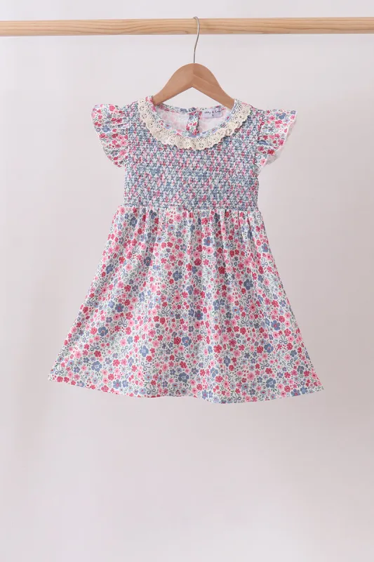 Blue Floral Smocked Ruffle Dress made by Zulily
