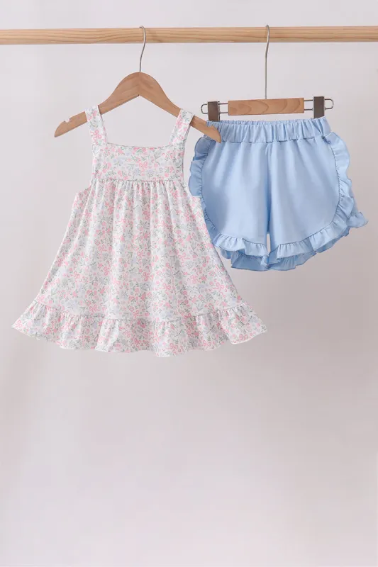 Blue Floral Print Ruffle Shorts Set made by Zulily