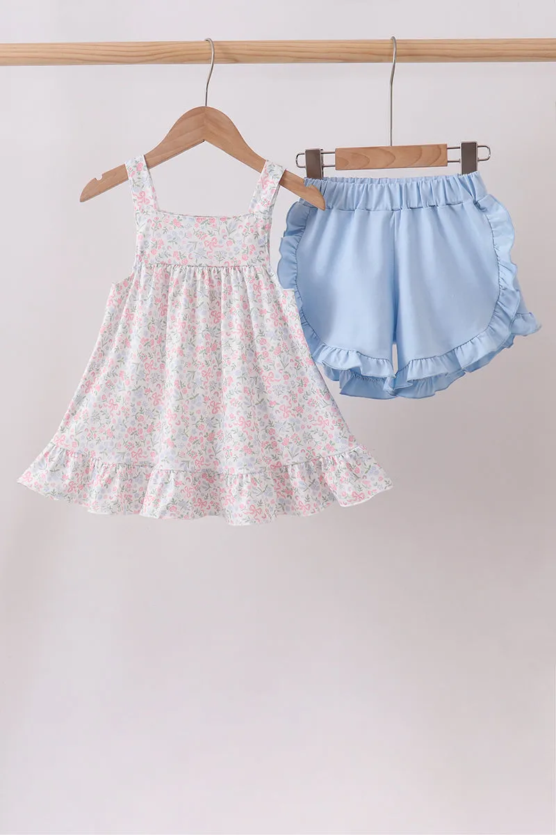 Blue Floral Print Ruffle Shorts Set sold by Zulily