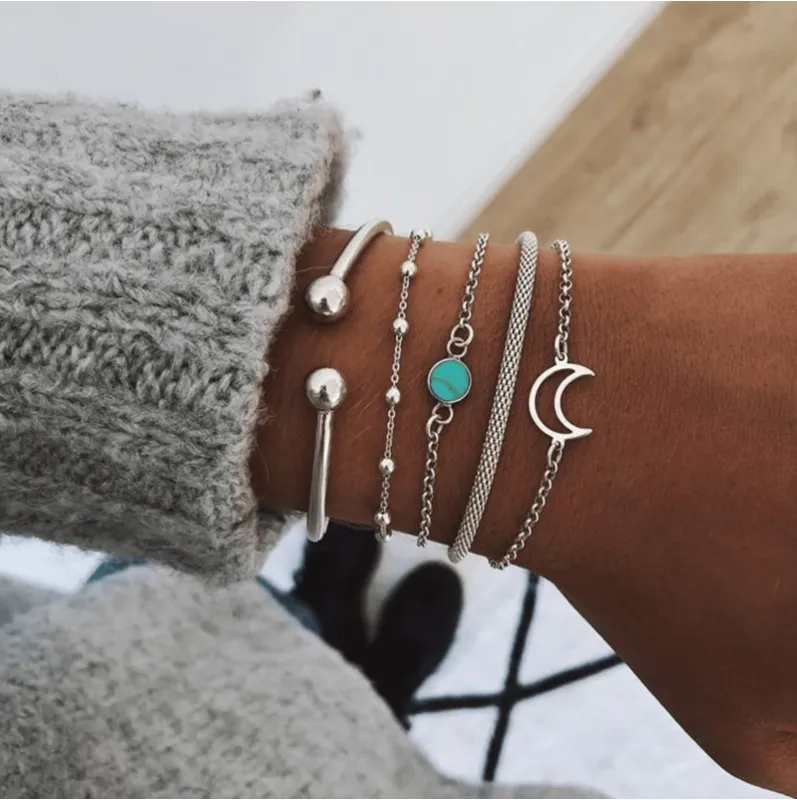 Silvertone Turquoise Crescent Moon Bracelet Set made by Zulily