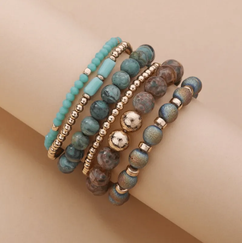 Goldtone Green Grey Beaded Agate and Druzy Gemstone Bracelet Set made by Zulily