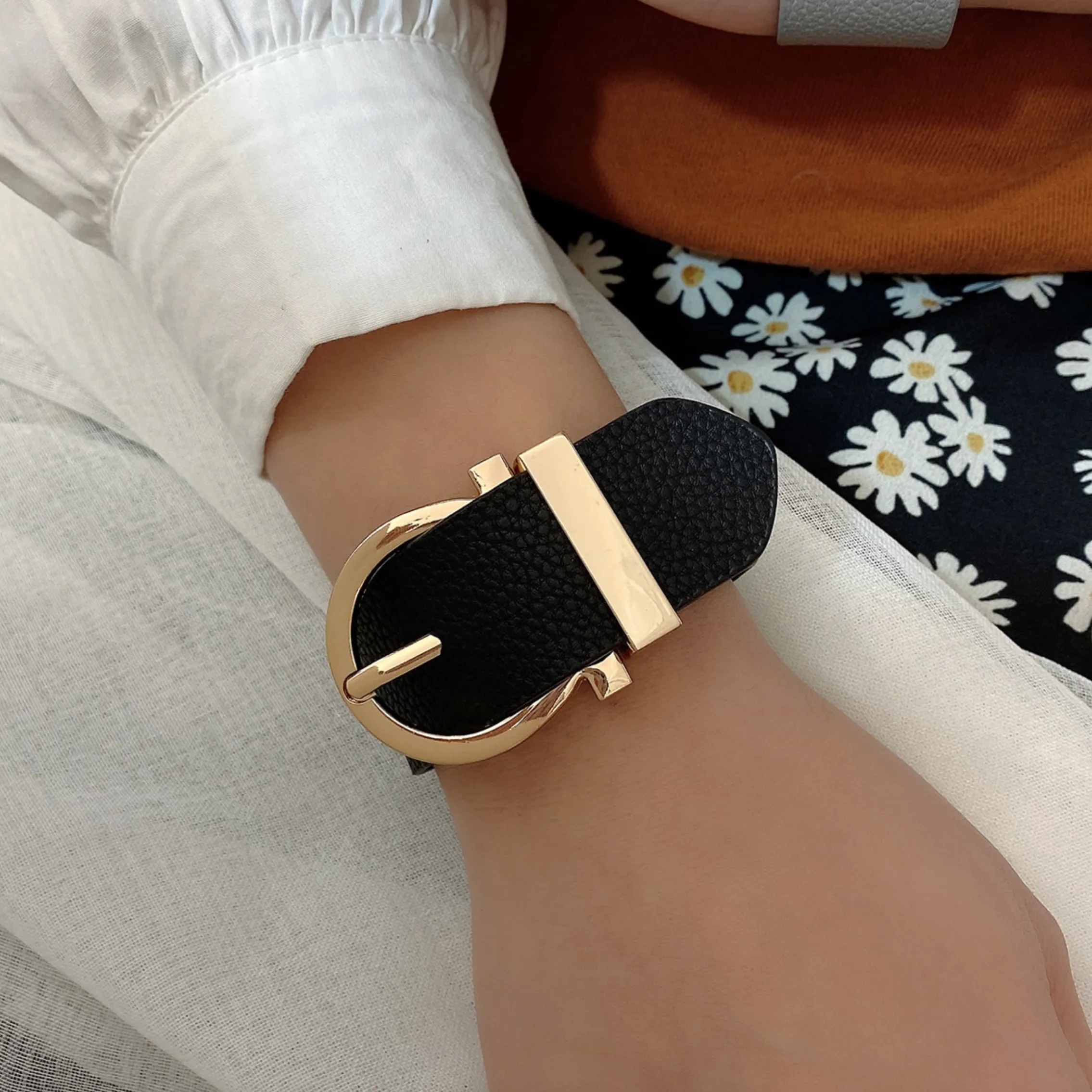 Goldtone Black Leather Belt Buckle Bracelet sold by Zulily product image thumbnail 2