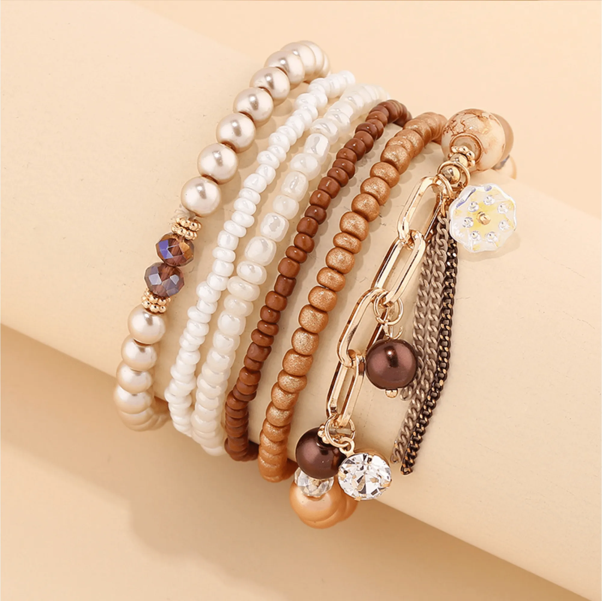 Bronze Metallic White Beaded Bracelet Set sold by Zulily