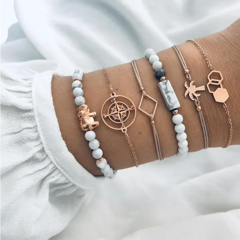 Rose Goldtone Grey Marble Compass Bracelet Set made by Zulily
