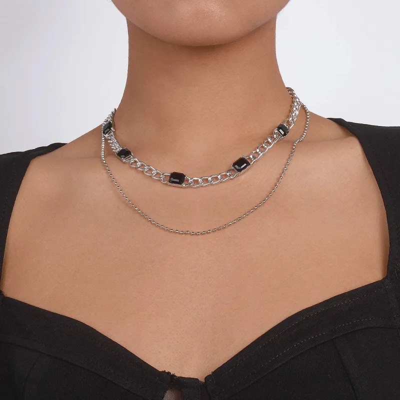 Black Crystal & Silvertone Dual-Chain Station Layered Necklace made by Zulily