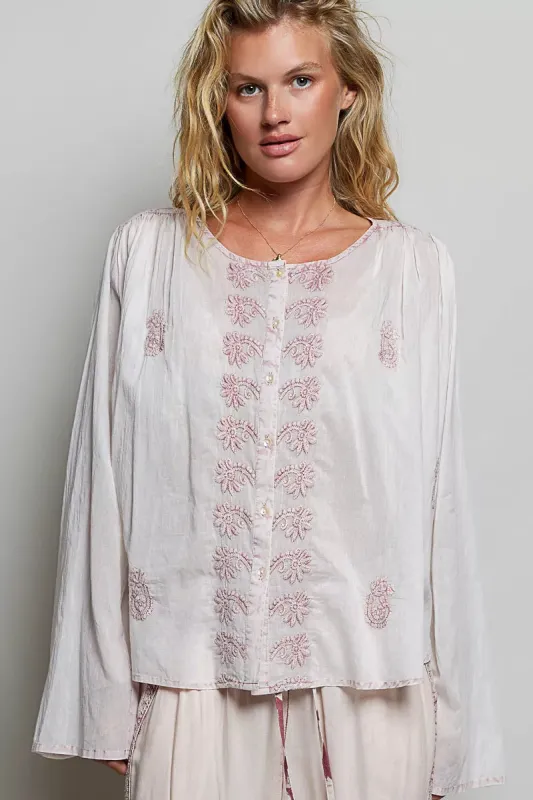 POL Embroidered Gathered Shoulder Long Sleeve Shirt made by Zulily