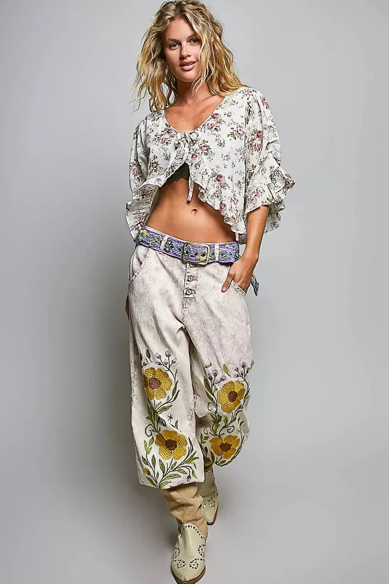 POL Ruffle Tie Front Cropped Floral Woven Flutter Sleeve Top sold by Zulily product image thumbnail 5