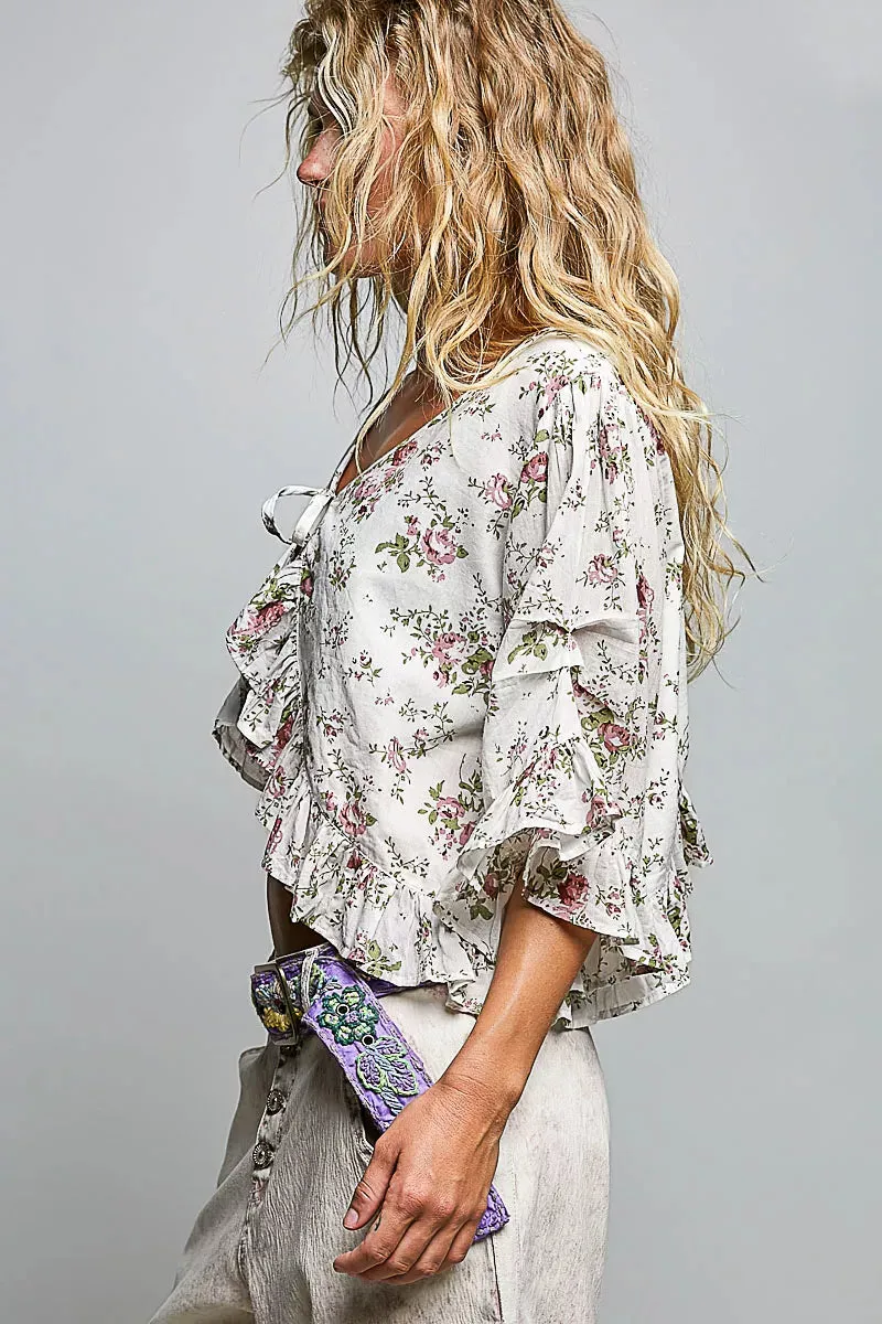 POL Ruffle Tie Front Cropped Floral Woven Flutter Sleeve Top sold by Zulily product image thumbnail 2