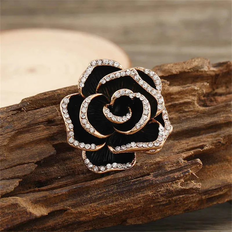 Black Enamel & Cubic Zirconia Goldtone Rose Brooch made by Zulily