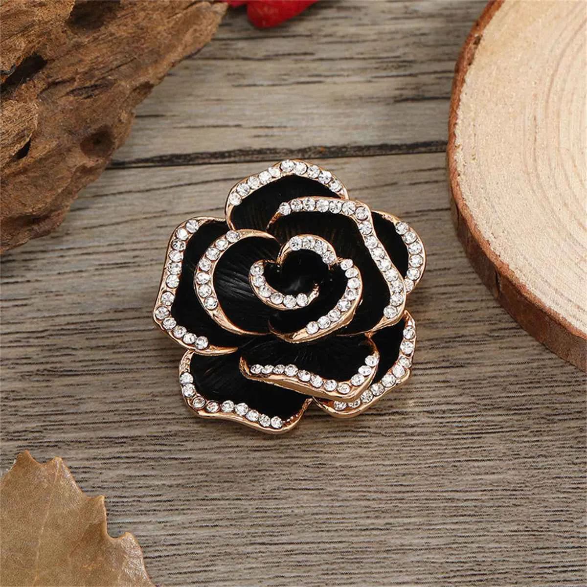Black Enamel & Cubic Zirconia Goldtone Rose Brooch sold by Zulily product image thumbnail 2
