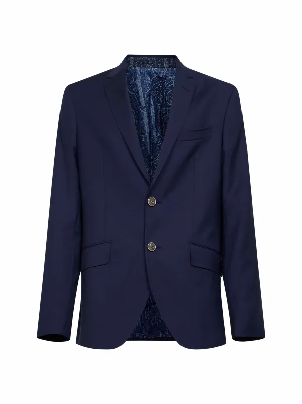 Blue Wool Single-Breasted Jacket made by Etro