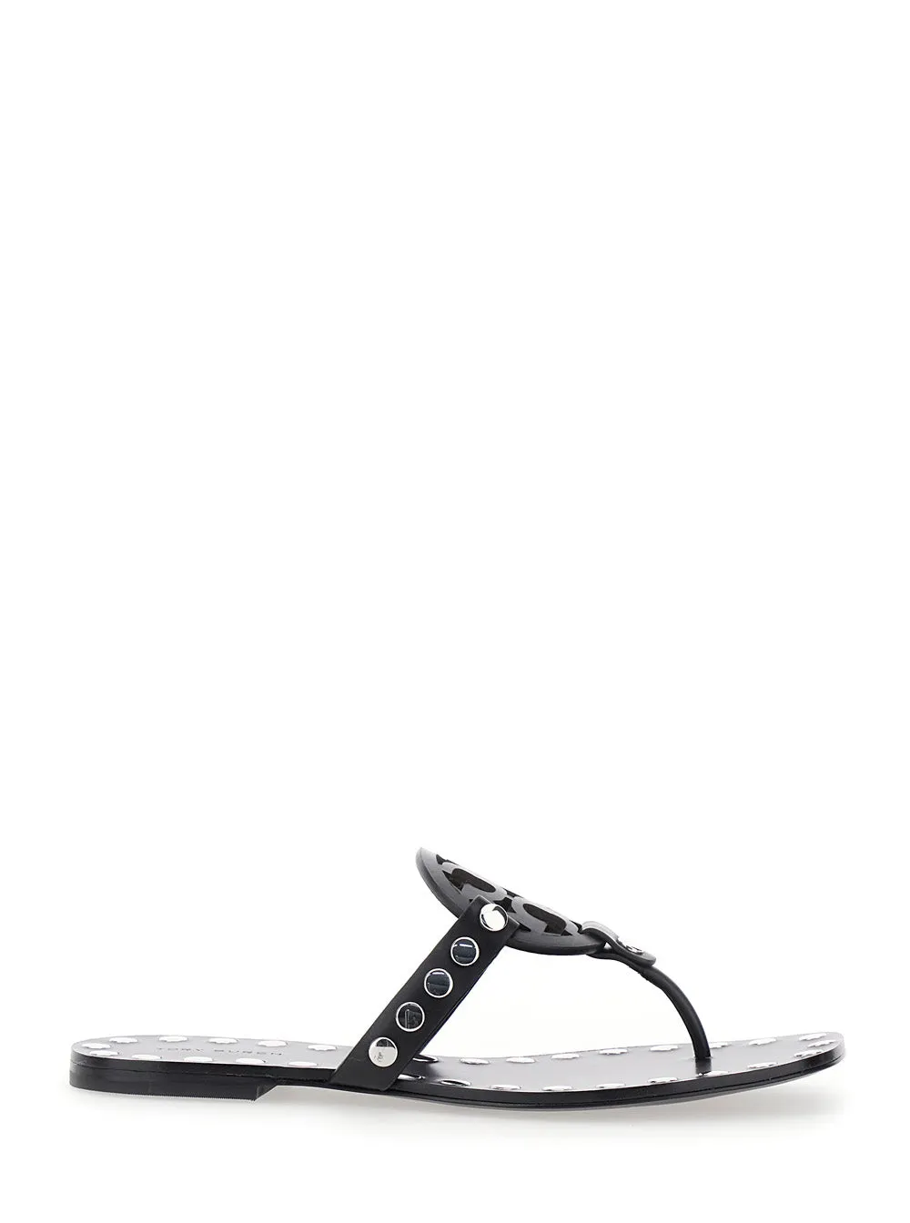 Black Thong Sandals With Logo and Studs sold by Zulily