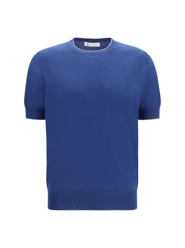 Cotton T-Shirt Blue/Light Grey made by Brunello Cucinelli