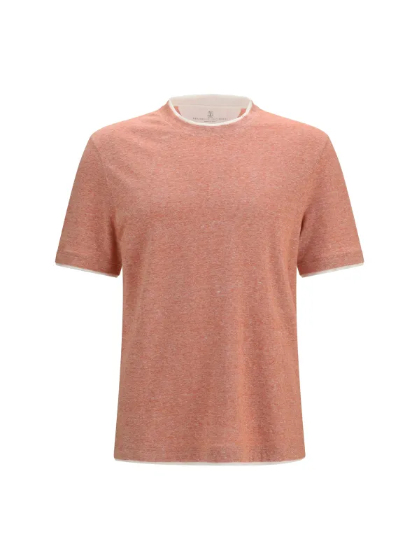 Short-Sleeve Cotton T-Shirt Peach/Off White made by Brunello Cucinelli