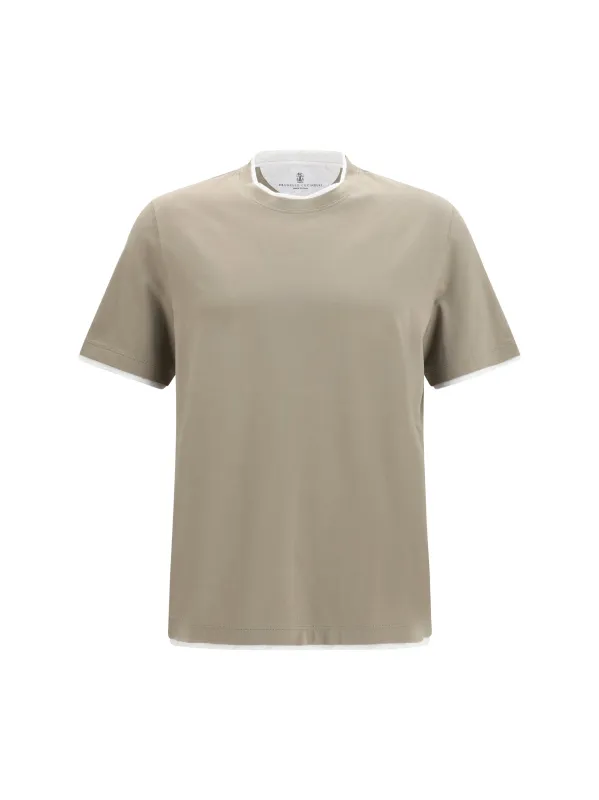Cotton T-Shirt Two-Tone Hem Khaki/Pearl made by Brunello Cucinelli