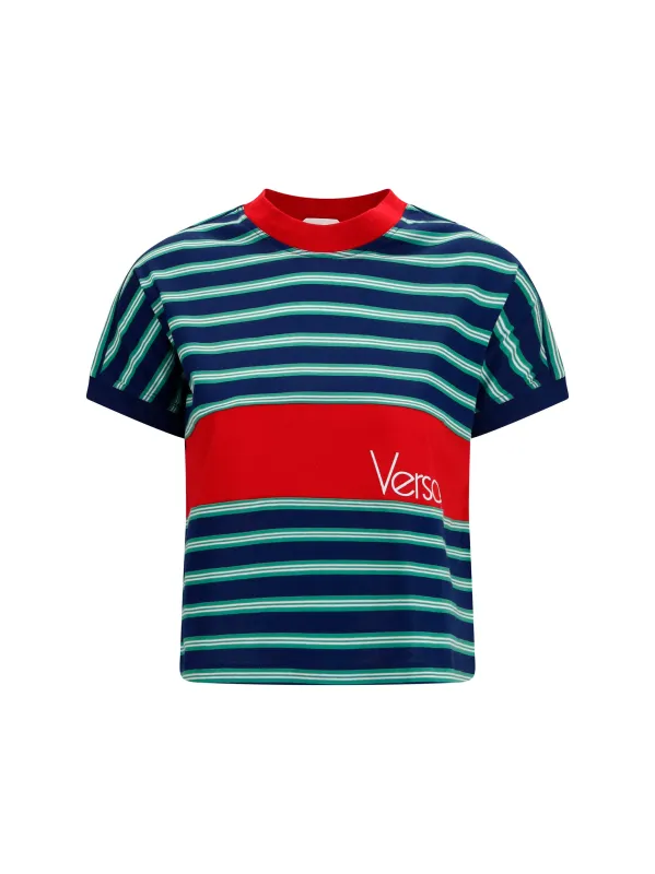 T-Shirt Striped Cotton Ink/Grass Green/White made by Versace
