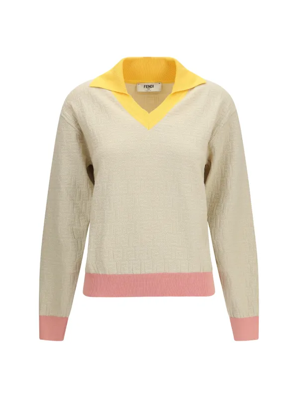 Cotton-Silk Sweater With FF Logo Ecru made by Fendi