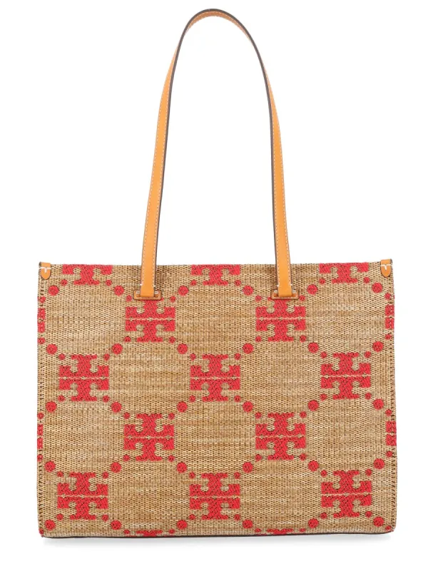 Handbag T Monogram Beige Straw made by Tory Burch