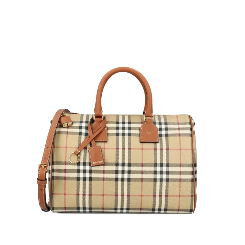 Beige Check Pattern Top Handle Bag made by Burberry