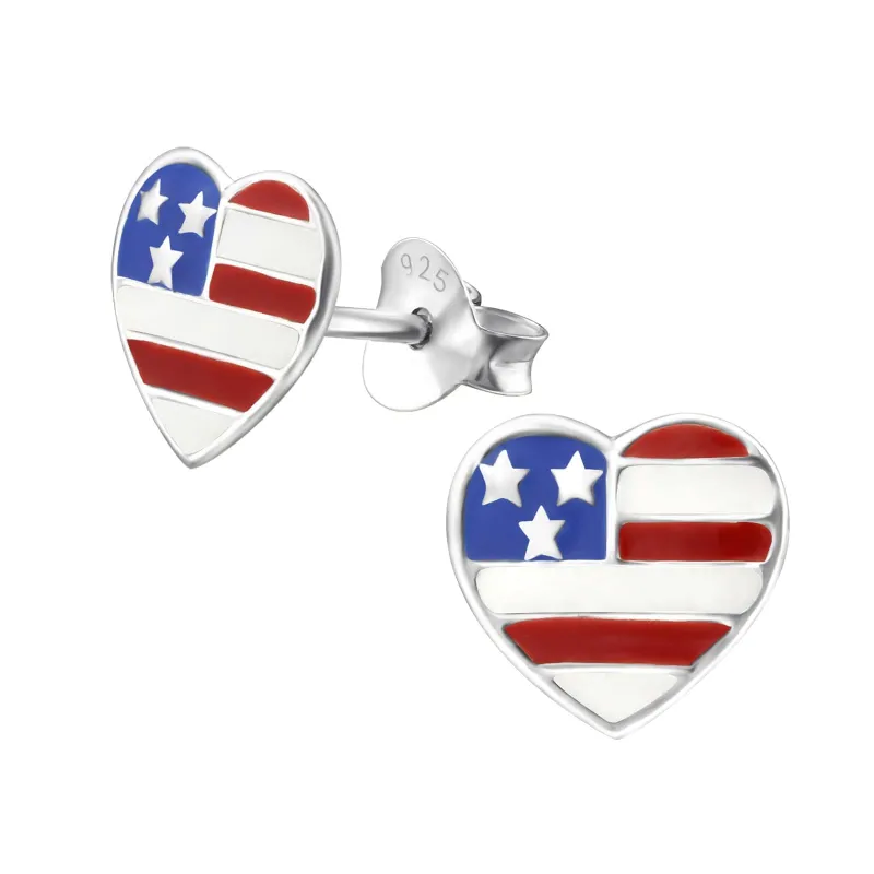 Sterling Silver American Flag Heart Stud Earrings for Women, Patriotic USA Jewelry made by Zulily