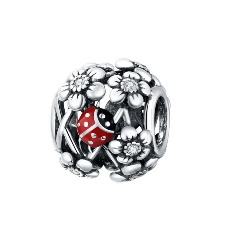 Sterling silver round charm bead - ladybug and flowers made by Zulily